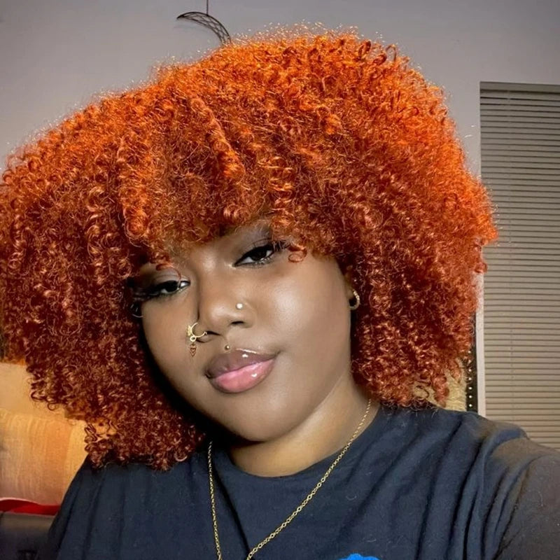 Orange Ginger Short Kinky Curly Wig with Bang Afro Curly Wig Human Hair No Lace Wigs With Bangs Honey Blonde Wig for Women