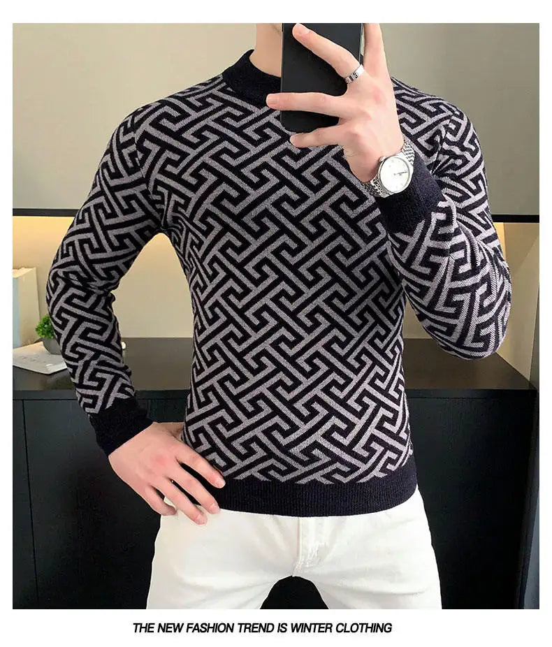 Autumn Winter Velvet Knitted Sweater Men's Long Sleeve Round Necked Sweater Slim Fit Casual Business Knitwear Tops Men Clothing