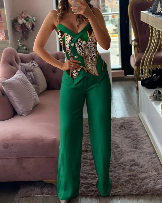 Spring Summer Sleeveless Suit Fashion Print Two Piece Sets Women Sexy V-neck Button Metal Sling Top & Wide Leg Pants Outfits