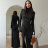 Mozision Turtleneck Thigh High Split Sexy Maxi Dress For Women Fashion Long Sleeve Draped Bandage Bodycon Club Long Dress