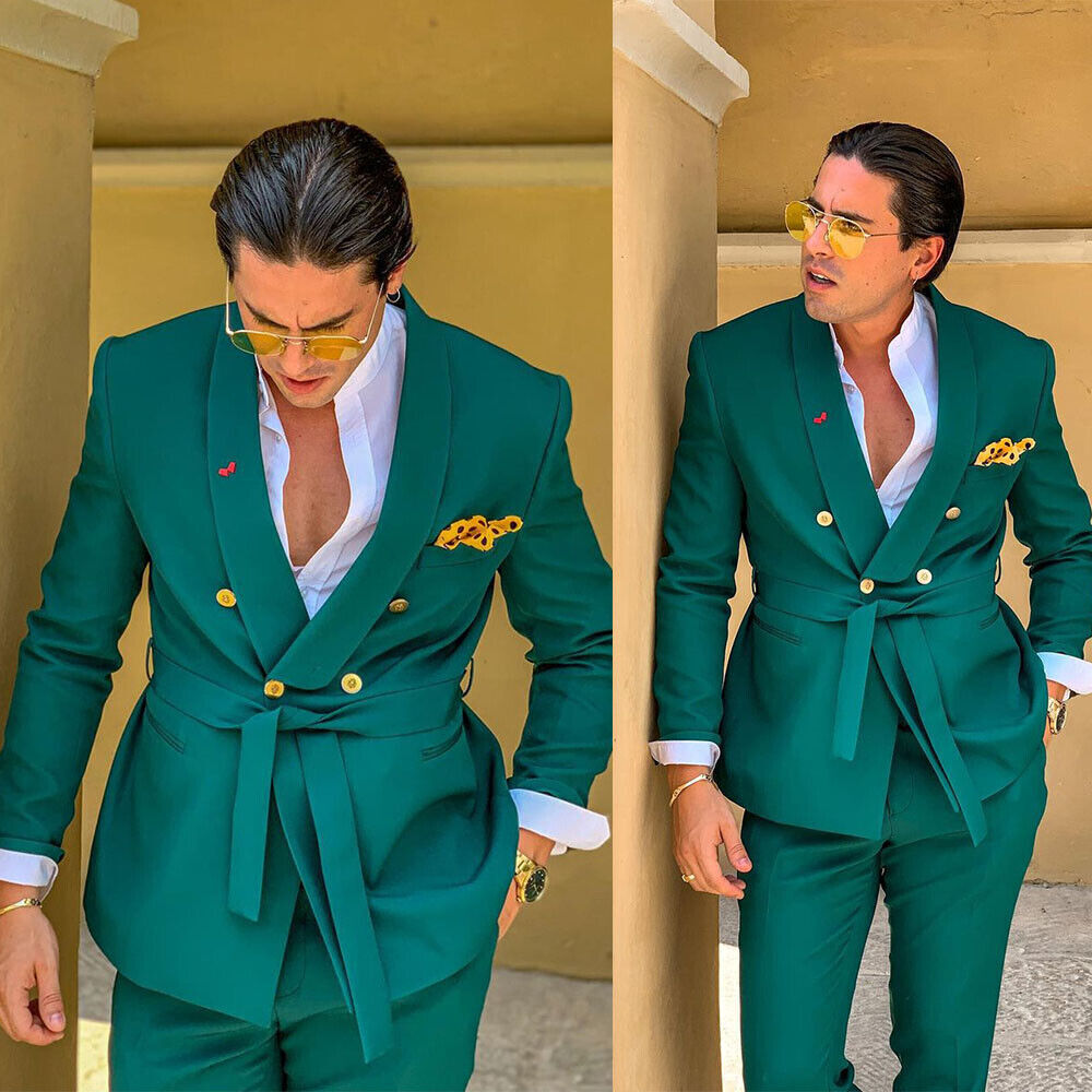 Green Men Suits Slim Fit Double Breasted Shawl Lapel Formal Wedding Tuxedo Set  Traje Americana Hombre  2PCS