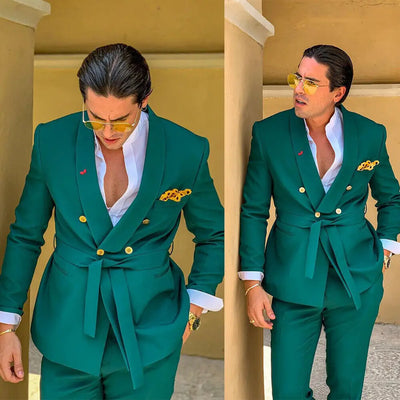 Green Men Suits Slim Fit Double Breasted Shawl Lapel Formal Wedding Tuxedo Set  Traje Americana Hombre  2PCS
