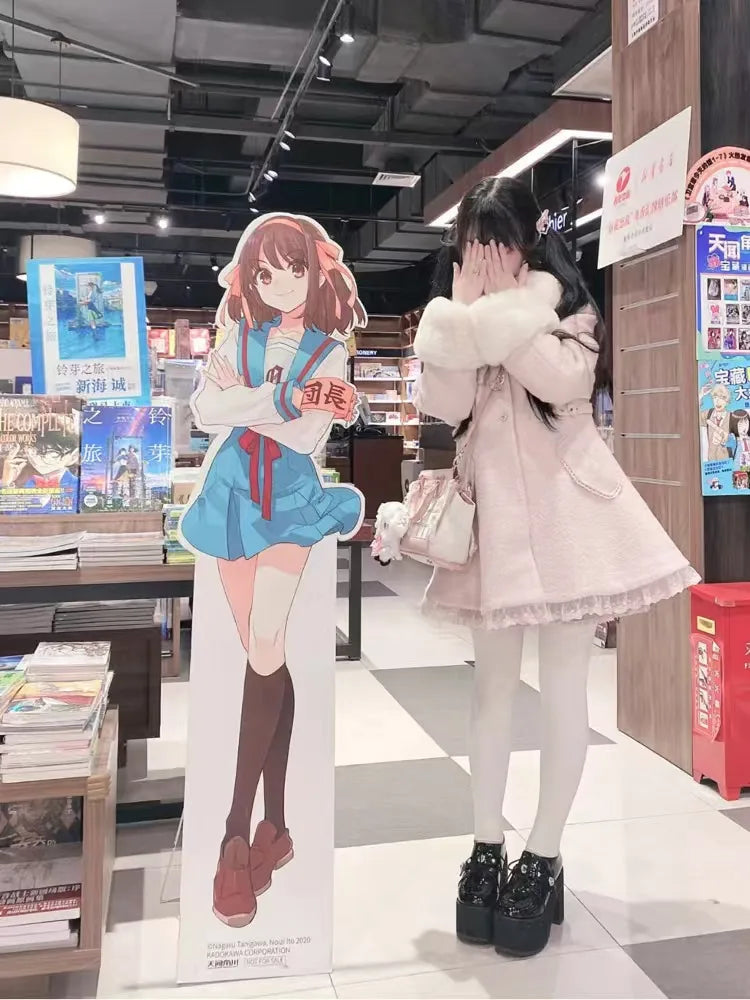 Winter New Japanese Sweet Bow Slim Medium Long Woolen Coat Faux Fur Collar Lolita Girl Women's Pink White Wool Jacket Overcoat