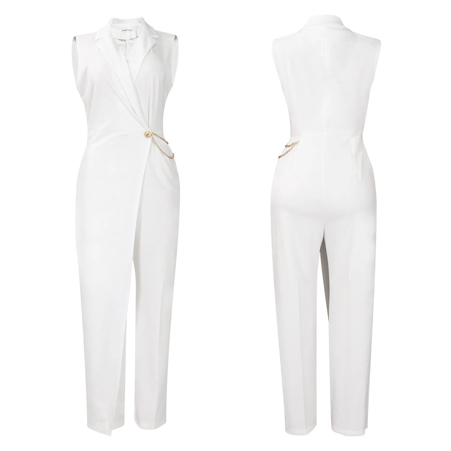 Elegant Jumpsuits & Rompers for Woman 2024 New Turn Down Collar Sleeveless High Waisted V Neck Straight Female Birthday Overalls