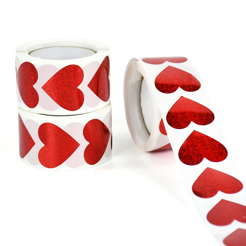 300Pcs/roll Sparkle Heart Stickers Red Love Scrapbooking Adhesive Sticker for Valentines Day Wedding Gift Box Bag Decoration 1''