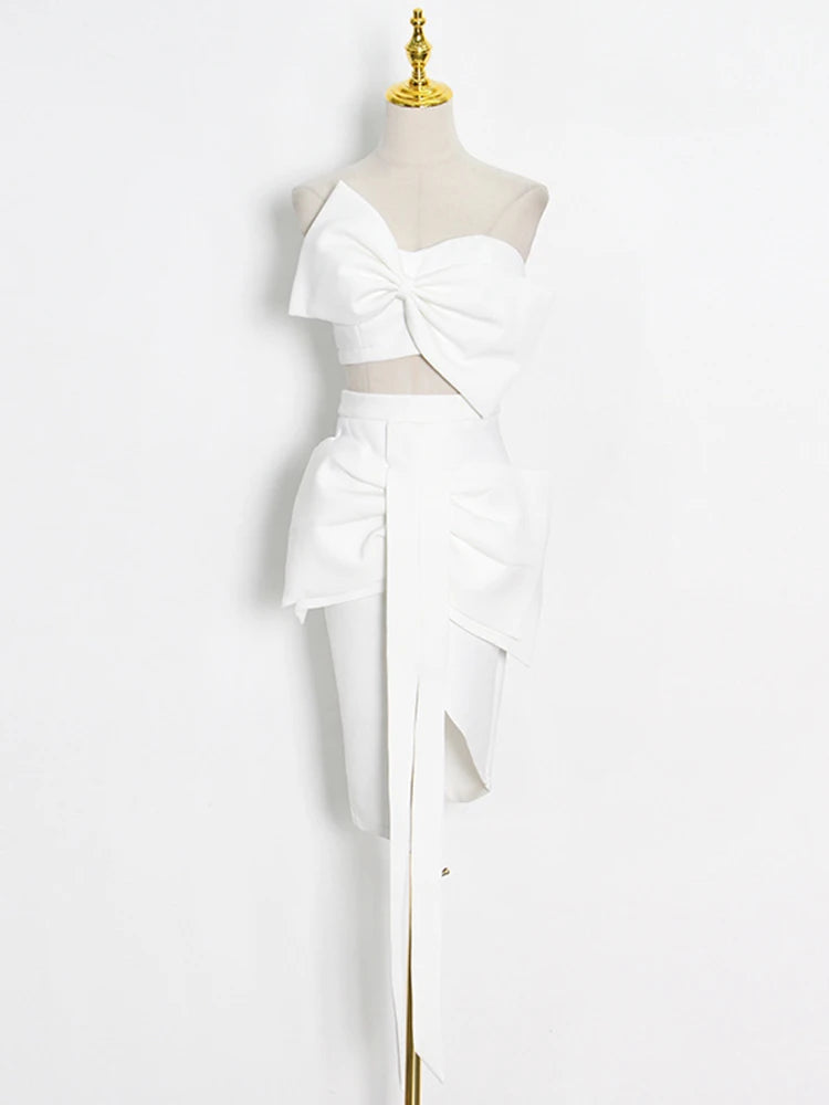 VGH Strapless Slim Solid Sets For Women Sleeveless High Waist Patchwork Bow Top Irregular Sexy Mini Two Piece Set Female Clothes
