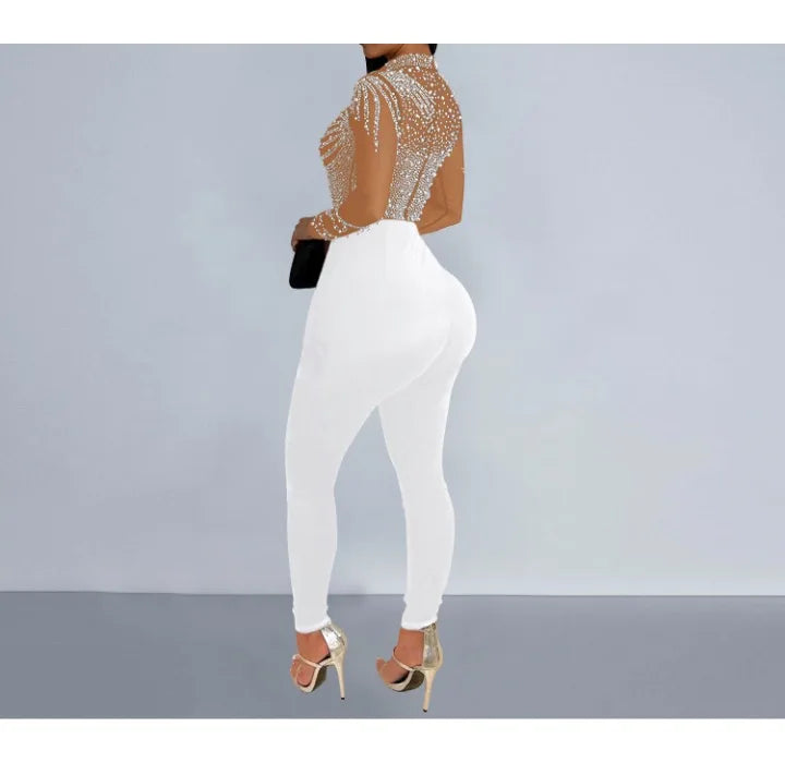 Elegant Women Jumpsuit Streetwear 2024 Spring Fashion Versatile Casual Solid Color Hot Diamond Long Sleeve Jump Suits for Female