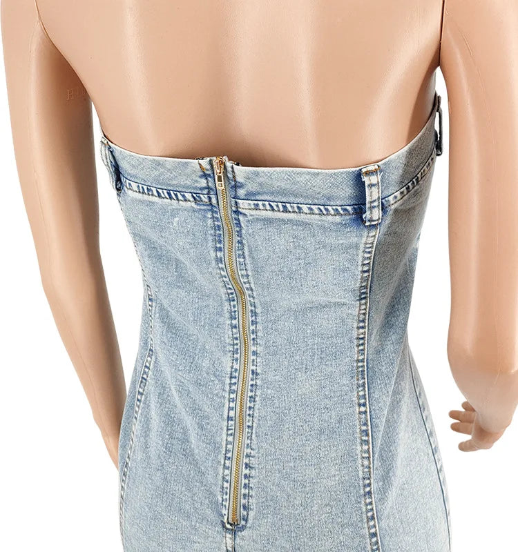 Rompers Women One Piece Elegant Splice Denim Jumpsuits Sexy Slim Fit Strapless Sleeveless Short Pants Sheath Playsuits