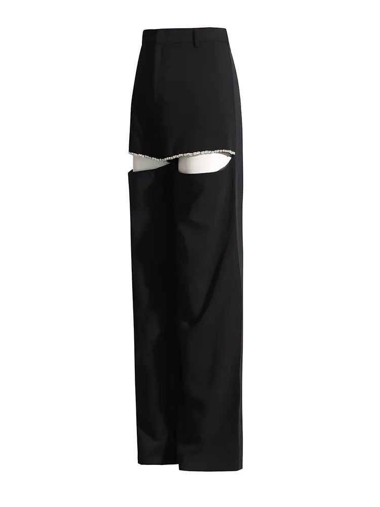 TWOTWINSTYLE Solid Wide Leg Pants For Women High Waist Hollow Out Spliced Diamonds Loose Straight Pant Female Fashion Clothing