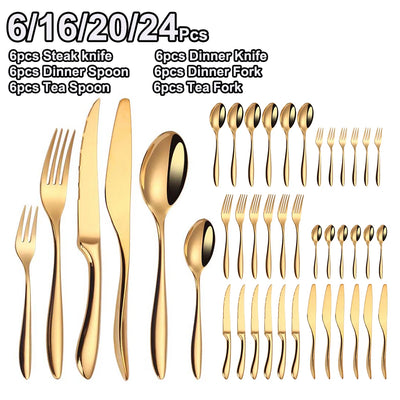 6/16/20/24Pcs Gold Tableware Stainless Steel 304 Cutlery Set Western Dinner Set Mirror Knife Fork Spoon Smooth Handle Flatware