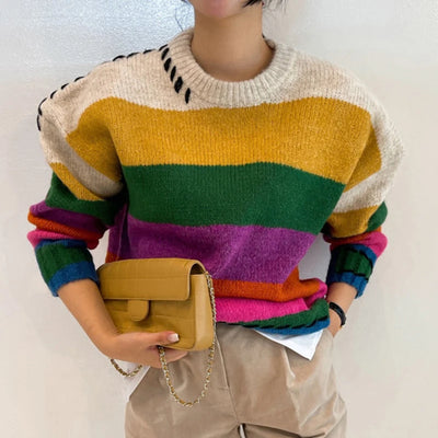 Chic Vintage Contrast Oversized Sueter Fairy Grunge Pullover O Neck Rainbow Sweaters Winter Striped Knitting Sweater Women