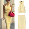 TRAFZA Women Fashion Suit Yellow V-Neck Sleeveless Belt Sngle Breasted Tops+High Waist Pocket Belt Long Skirts Female Summer Set