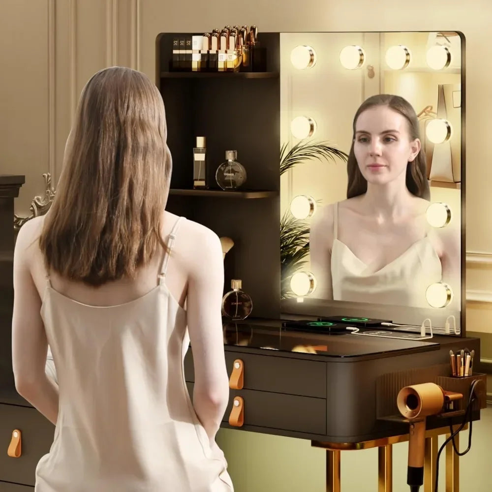 Makeup Vanity with Lights-Vanity Desk with 10 Light Bulbs&3 Color Lighting Modes-Dresser-Makeup Table with Mirror and Chair