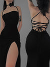 AltGoth Fairycore Sexy Midi Dress Women Streetwear Mall Gothic Backless Lace-up Halter High Waist Bodycon Dress Partywear Female