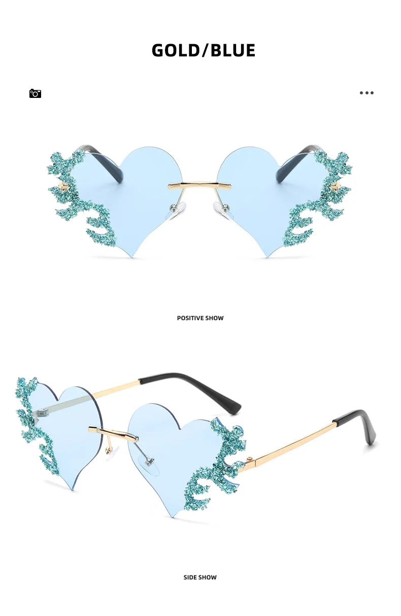 Rimless Sunglasses Women Luxury Brand Rhinestone Sun Glasses Ladies Cute Heart Shape Punk Party Eyewear очки від сонця женские