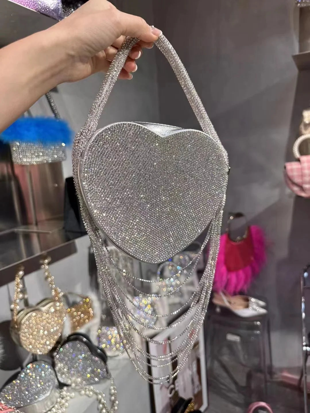 Bling Tassel Heart-shape Satin Bag Glitter Rhinestone Diamond Evening Bag Women Handbag Wedding Party Clutch Purse Crossbody Bag