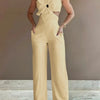 2024 Summer Fashion White Jumpsuit Women Floral Pattern Shirred Hollow Out Casual Asymmetrical Neck Pocket Backless Jumpsuits