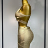 2025 New Summer Sexy V Neck Gold Bandage Two Pieces Set Women Charming Celebrity Bodycon Skirt Suits Club Birthday Vestido