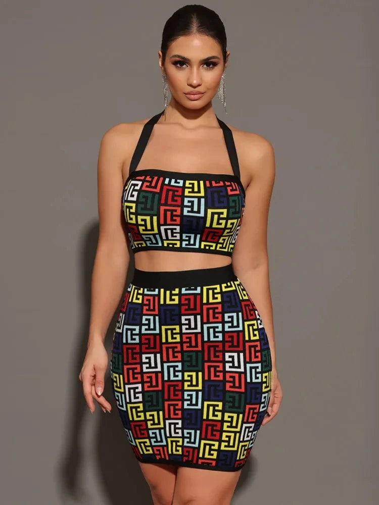 Women 2025 New Sexy Backless Halter Jacquard Two Piece Mini Skirt Bandage Set Celebrity Designer Evening Party Women's Set
