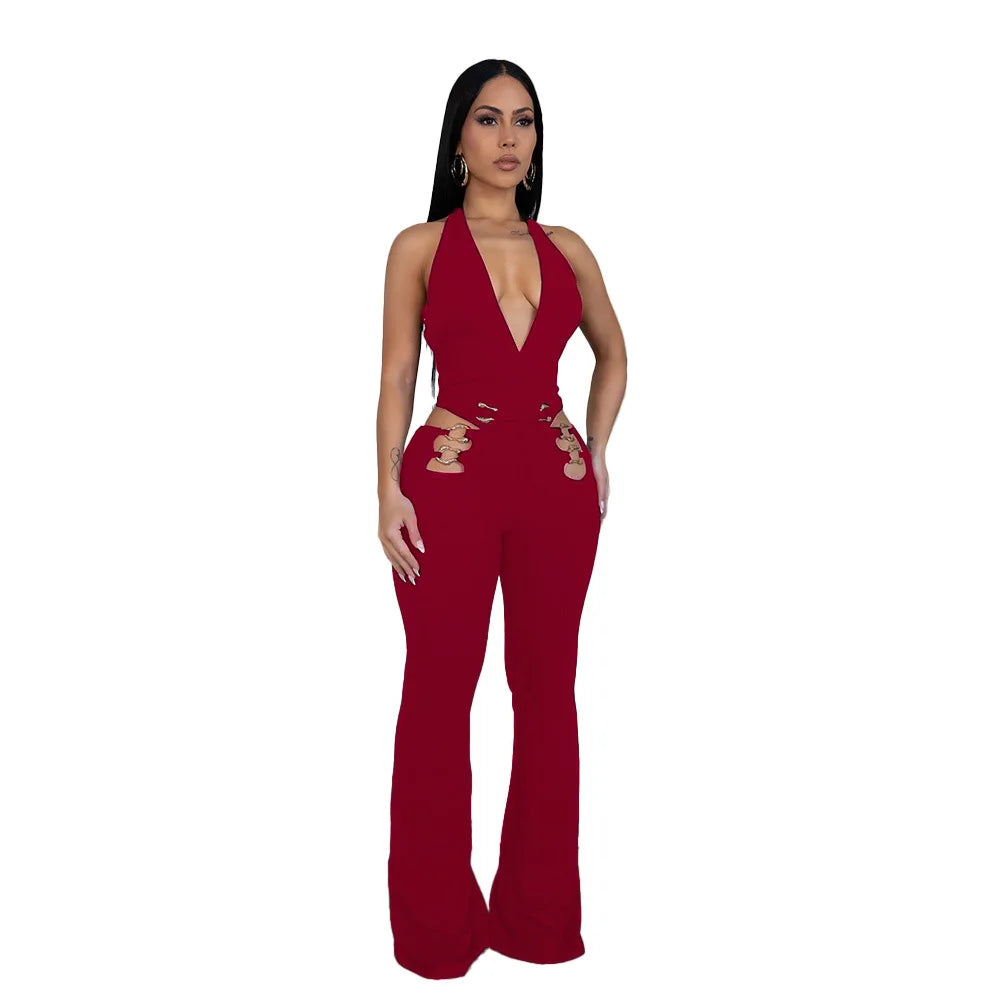 CM.YAYA Women V-Neck Backless Straight Sleeveless Flare Jumpsuits 2025 Summer Hollow Out Sexy One Piece Set Streetwear Outfits