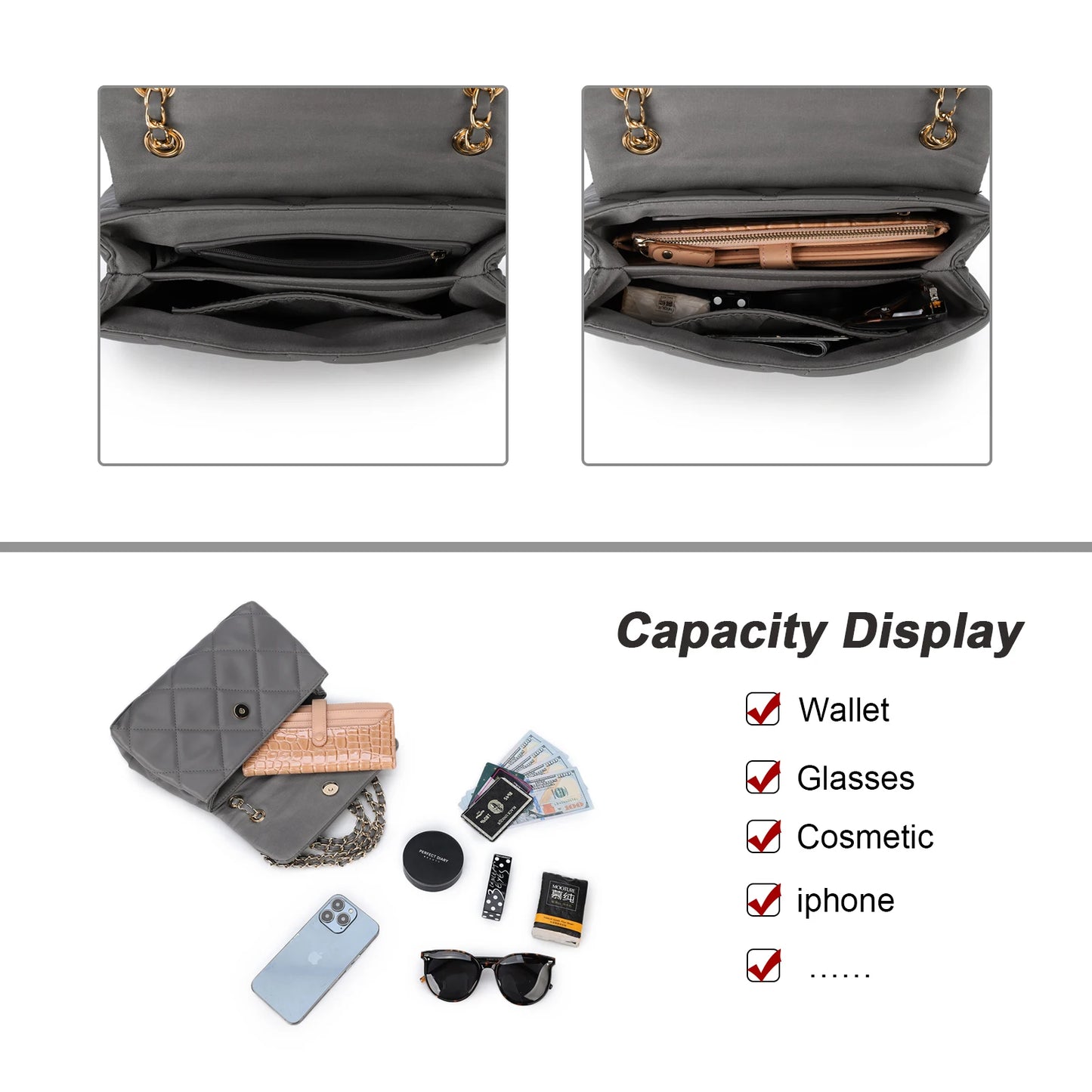 Mobile Phone Shoulder Bag Women's Quilted Handbag Crossbody Bags Vegan Leather Shoulder Bag with Card Slot Adjustable Removable