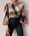 Spring Women Sexy Backless Hollow Print Shirts Tops 2024 Casual Stand Long Sleeve Office Lady Blouses Fashion Party Crop Top