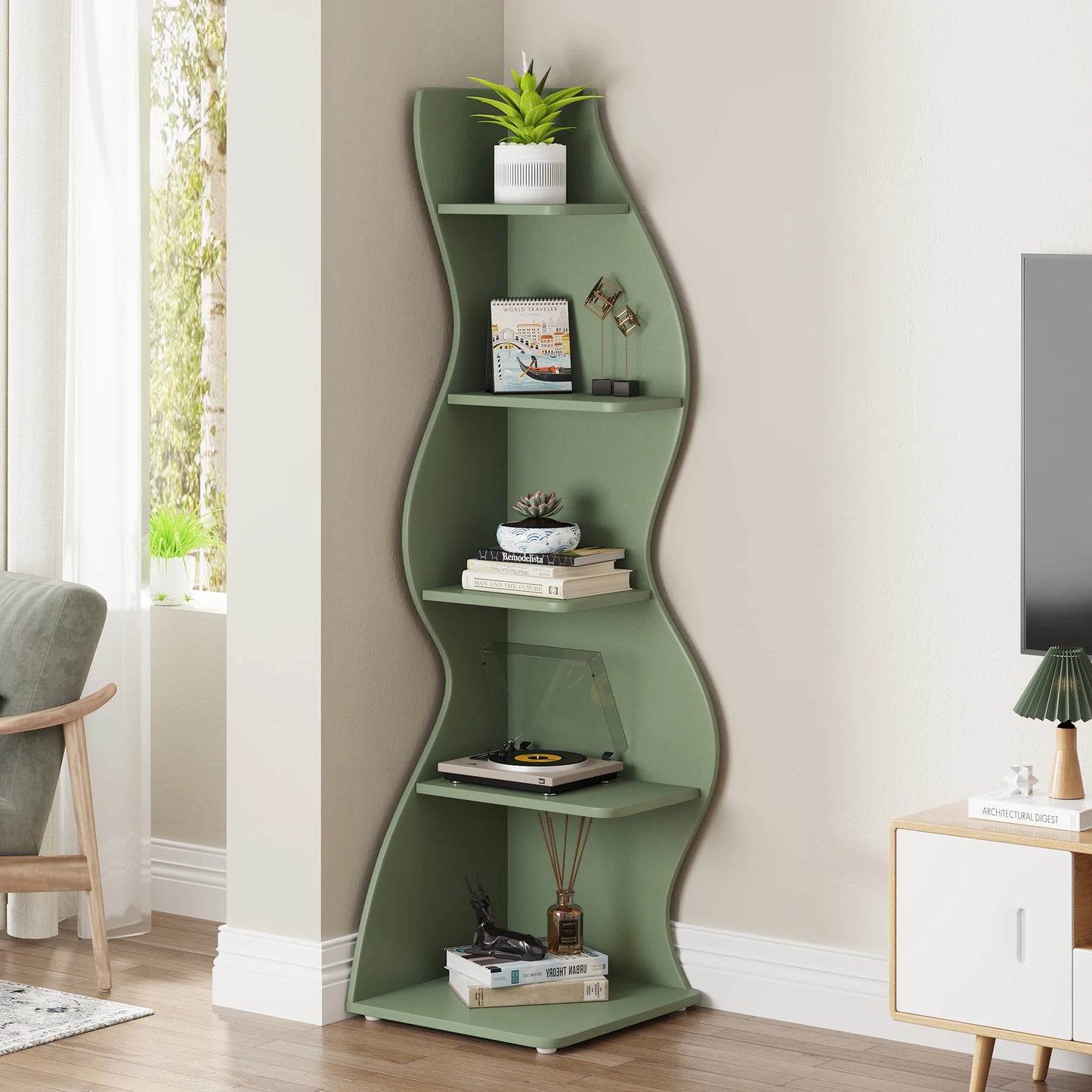 Tribesigns Corner Shelf, Modern 5-Tier Wall Corner Bookshelf, Stylish Corner Small Bookcase Storage Rack Plant Stand