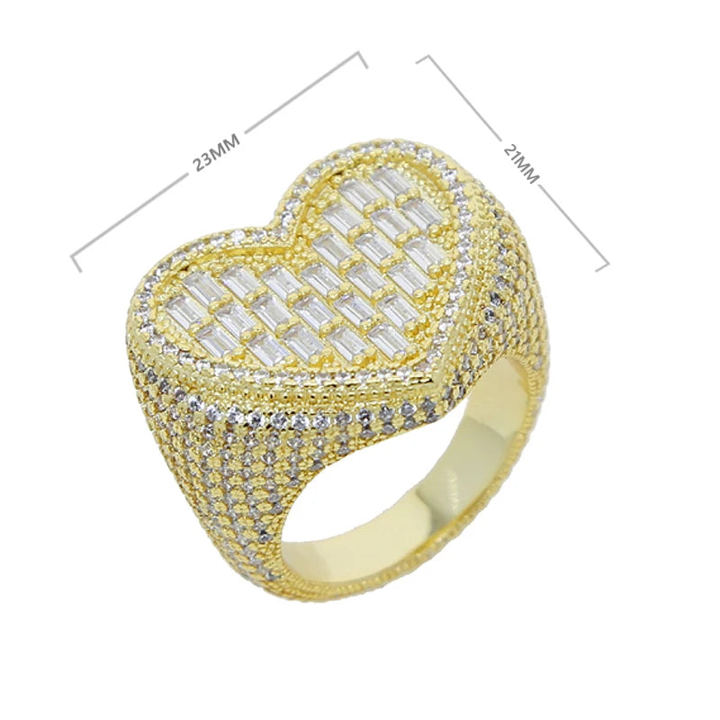 New Full Iced Out Bling Hollow Heart Ring Gold Silver Color 5A CZ Micro Pave Cubic Zircon Rings Hip Hop Punk Men Women Jewelry