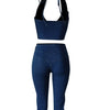 HLJ&GG Blue Fashion Denim Halter Two Piece Sets Women Sleeveless Backless Slim Crop Top And Skinny Jean Pants Outfits Streetwear