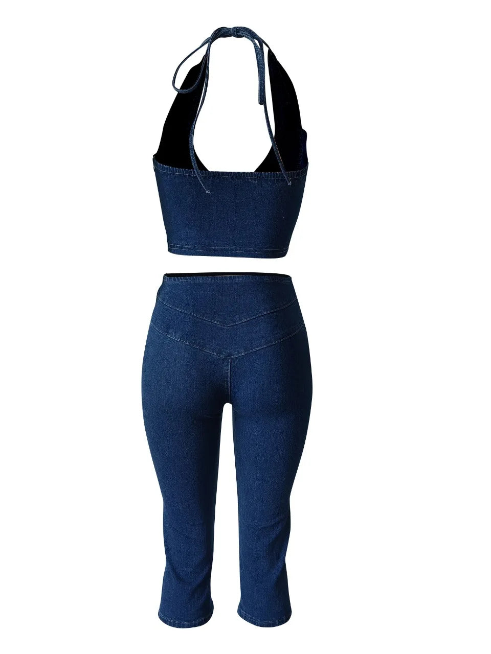 HLJ&GG Blue Fashion Denim Halter Two Piece Sets Women Sleeveless Backless Slim Crop Top And Skinny Jean Pants Outfits Streetwear
