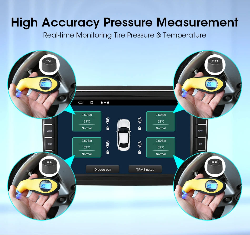 JMCQ USB Android TPMS Tire Pressure Monitoring System Display Alarm System Internal External 5 Sensors For Car Navigation Radio