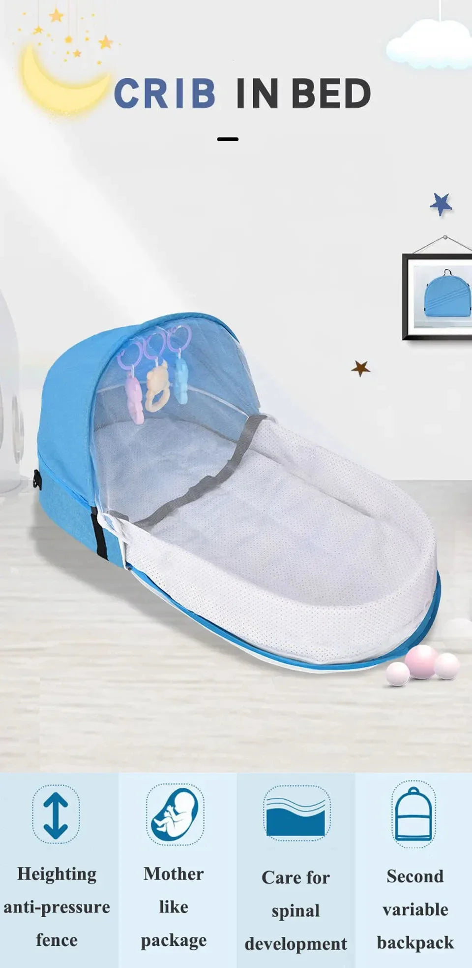 Baby Bed Folding Portable Baby Crib with Net and Awning Baby Nest Portable Baby Bed for Camping Infant Bed Bassinet for Baby