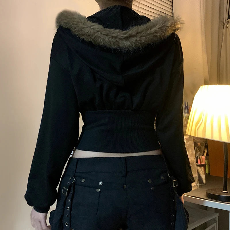 BIIKPIIK Fur Collar Hooded Women Coats Casual Zipper Slim Hoodies Simple All-match Black Harajuku Coat Autumn Winter Sweatshirts