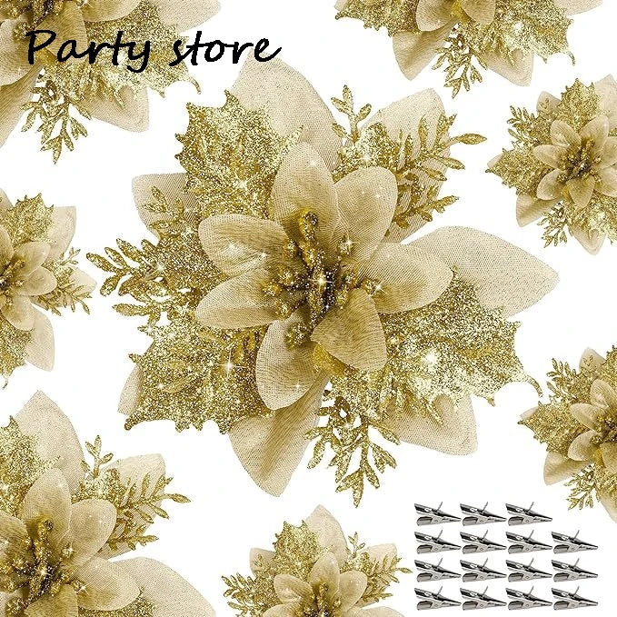 Silver Glitter Christmas Flowers Silver Xmas Tree Artifical Flower Ornaments Merry Christmas Decoration For Home Party New Year