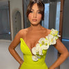 White Moth Orchids One Shoulder Yellow Green Ankle Length Bandage Dress Celebrity Party Evening Dress Woman Voaction Outfit