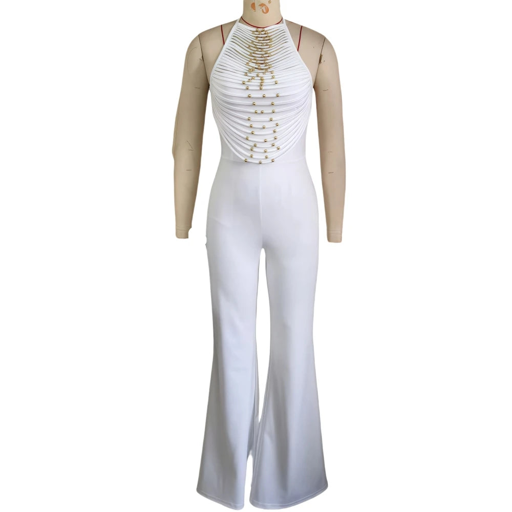 HLJ Elegant Beaded Patchwork Bodycon Jumpsuits Woman Sleeveless Backless Flare Pants One Piece Romper Female Streetwear Overalls
