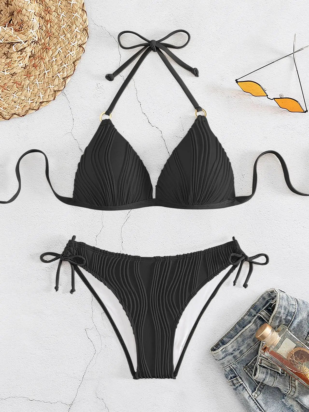 Bikini Set Women Low Waist Sexy Two Piece Swimsuit Women's Solid Color Black Lace-up Push Up Brazilian Bikinis Bathsuit