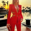 Modphy Red Sexy V-neck Long Sleeve Jacket+High Waist Flare Pants Blazer Set Women'S 2025 New Hollow Out Designer Two-Piece Set