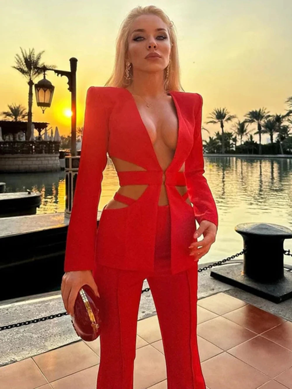 Modphy Red Sexy V-neck Long Sleeve Jacket+High Waist Flare Pants Blazer Set Women'S 2025 New Hollow Out Designer Two-Piece Set