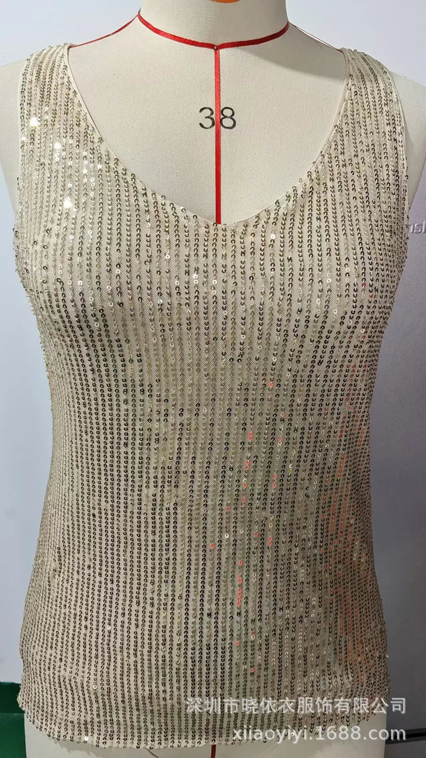 Women's Summer New Item Solid Color Fashion Sequin Light Mature Sexy V-neck Sleeveless Camisole Vest Pullover Top
