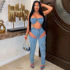 Denim Pants Sets for Women 2024 Sexy Streetwear Two Piece Set Outfits Chest Wrap Sleeveless Backless Top Hollow Out Jeans