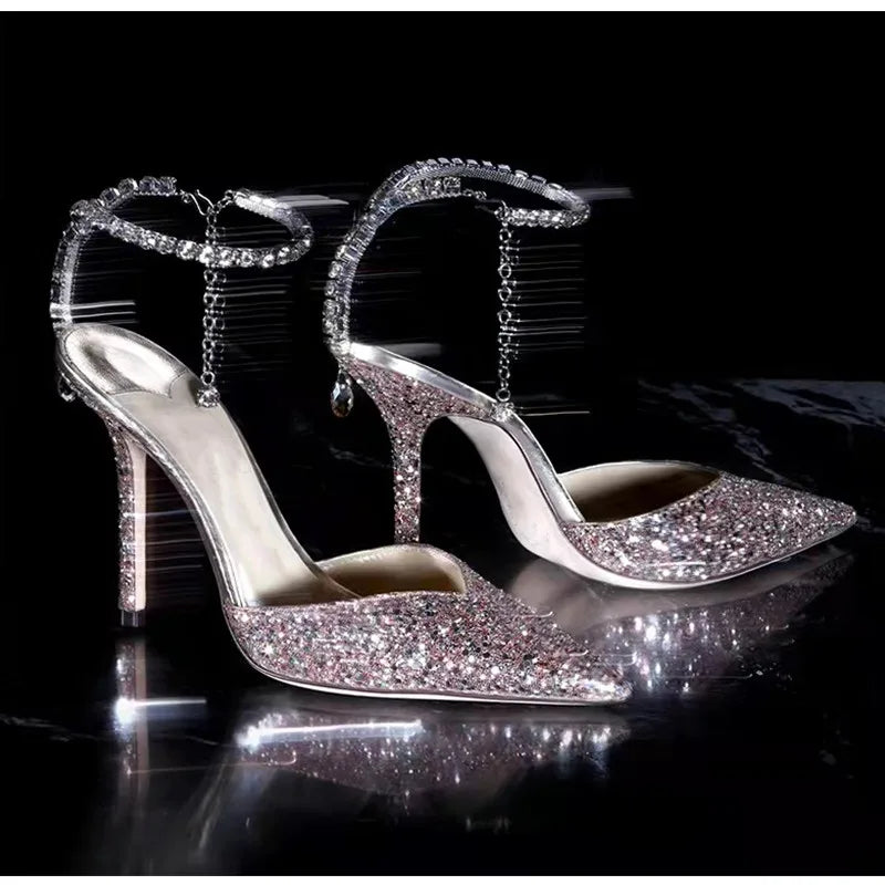 Luxury Crystal Sequined Women Pumps Elegant Thin High heels Spring Summer Fashion Chains Party Shoes Sexy Wedding Bridal Shoes