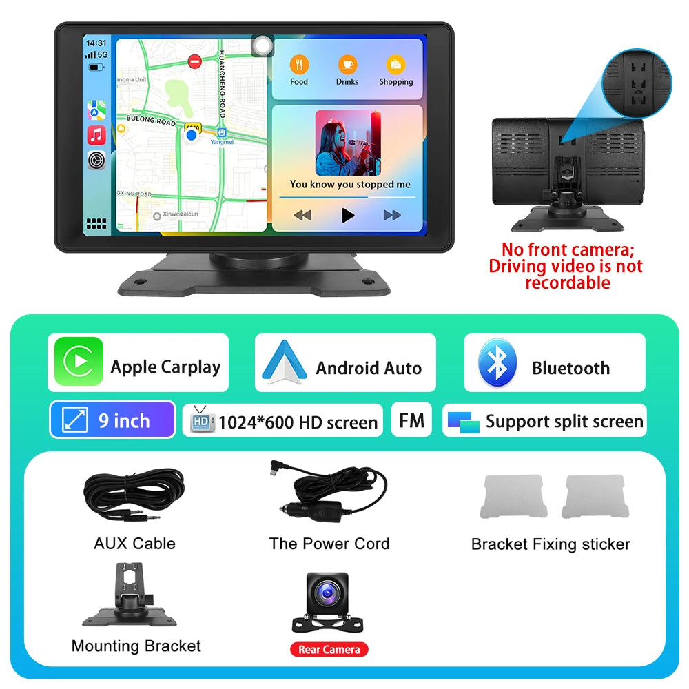 Podofo 9" Car Radio Multimedia Video Player Wireless Carplay Android Auto Car Mirror DVR Recorder Dashboard For Nissan Toyota