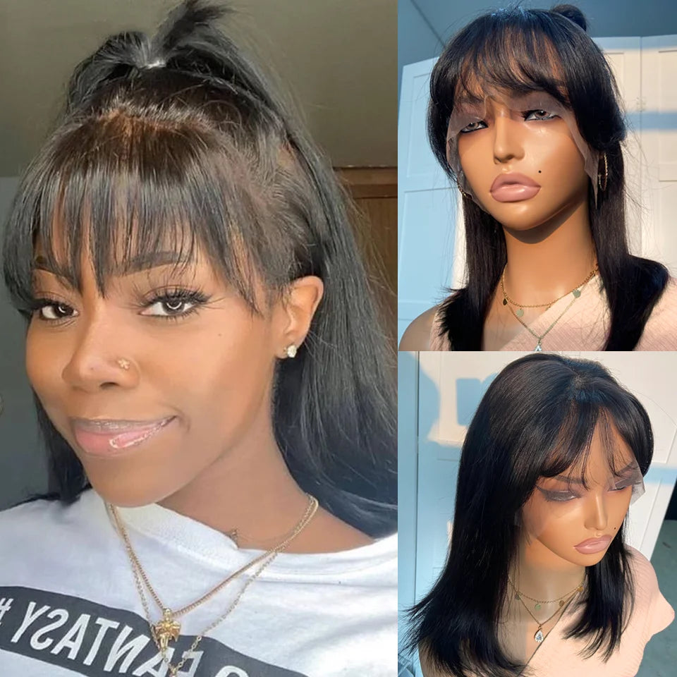 Short Straight Bob Lace Front Wig With Bangs Brazilian Human Hair Bob Wigs For Women Brazilian Remy Hair Easy Part Lace Bob Wig