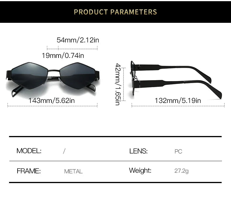 Polygonal Luxury Sunglasses Women Brand Fashion Rhombus Sun Glasses Woman 2024 Retro Vintage Metal Diamond Shades Eyewear
