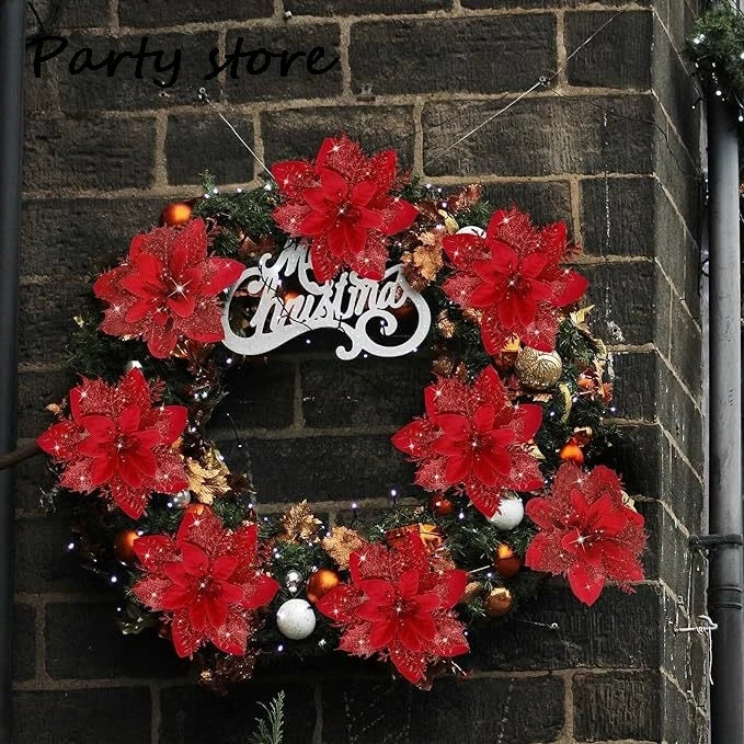 Silver Glitter Christmas Flowers Silver Xmas Tree Artifical Flower Ornaments Merry Christmas Decoration For Home Party New Year
