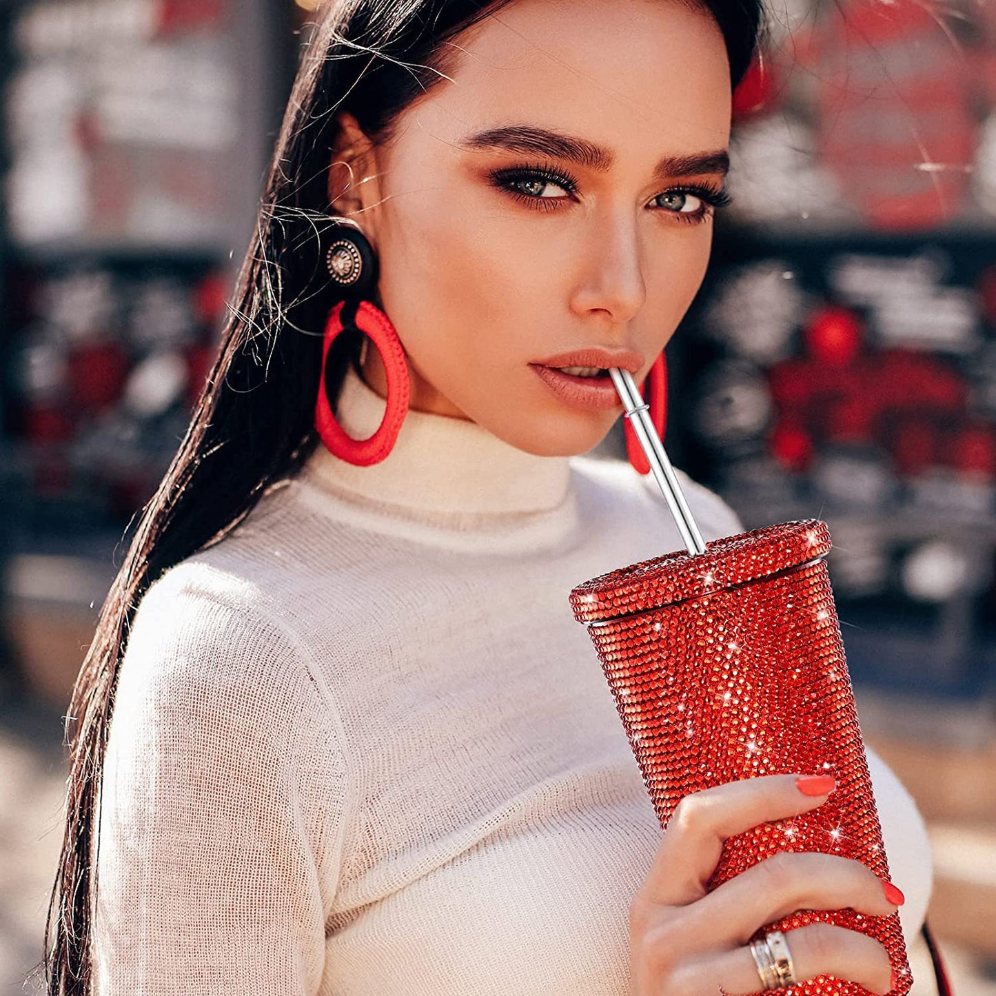 1 Pc Rhinestone Coffee Cup Gift Cup Rhinestone Rhinestone Thermos Cup Double Stainless Steel Straw Cup Coffee Mug  Water Bottles