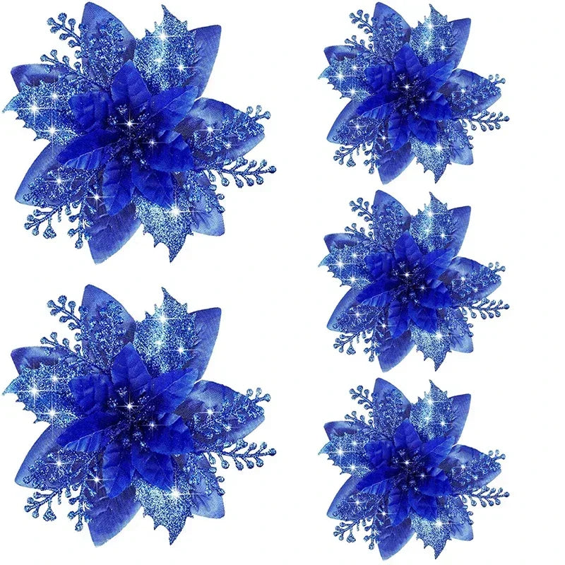 5pcs 14.5cm Glitter Artifical Christmas Flowers Mreey Christmas Tree Decoration Happy New Year Ornaments Xmas Fake Flowers natal