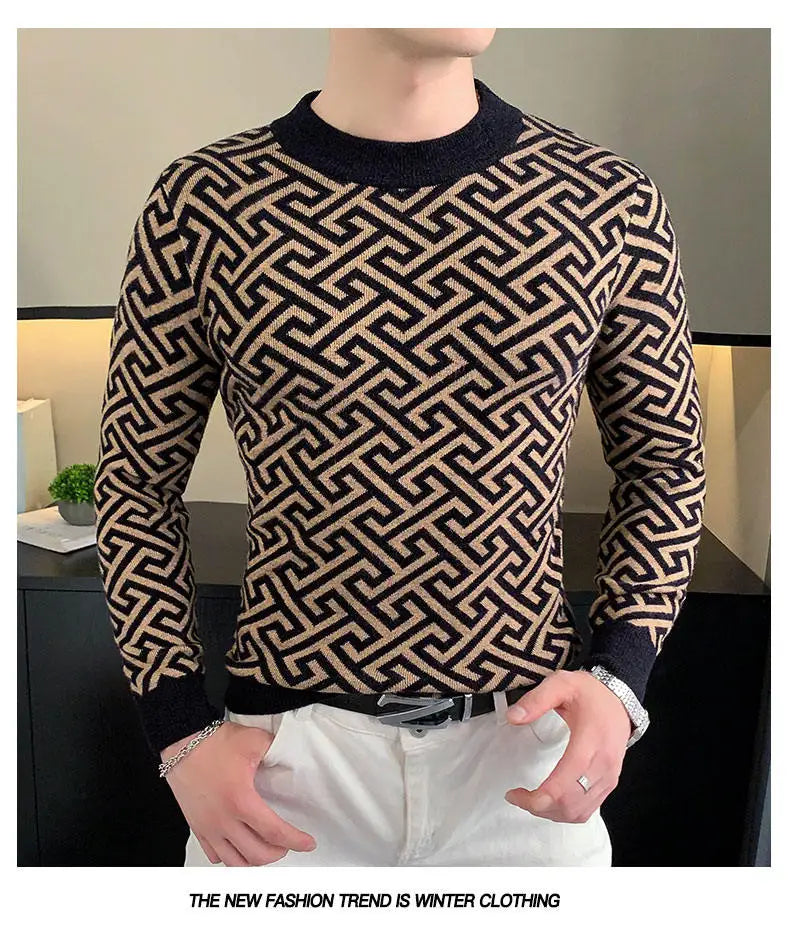 Autumn Winter Velvet Knitted Sweater Men's Long Sleeve Round Necked Sweater Slim Fit Casual Business Knitwear Tops Men Clothing
