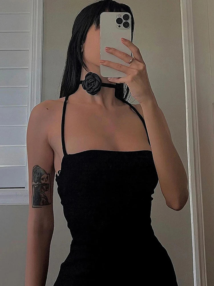 AltGoth Fairycore Sexy Midi Dress Women Streetwear Mall Gothic Backless Lace-up Halter High Waist Bodycon Dress Partywear Female
